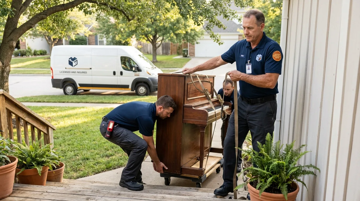 Licensed piano movers securing grand piano in Manti, UT