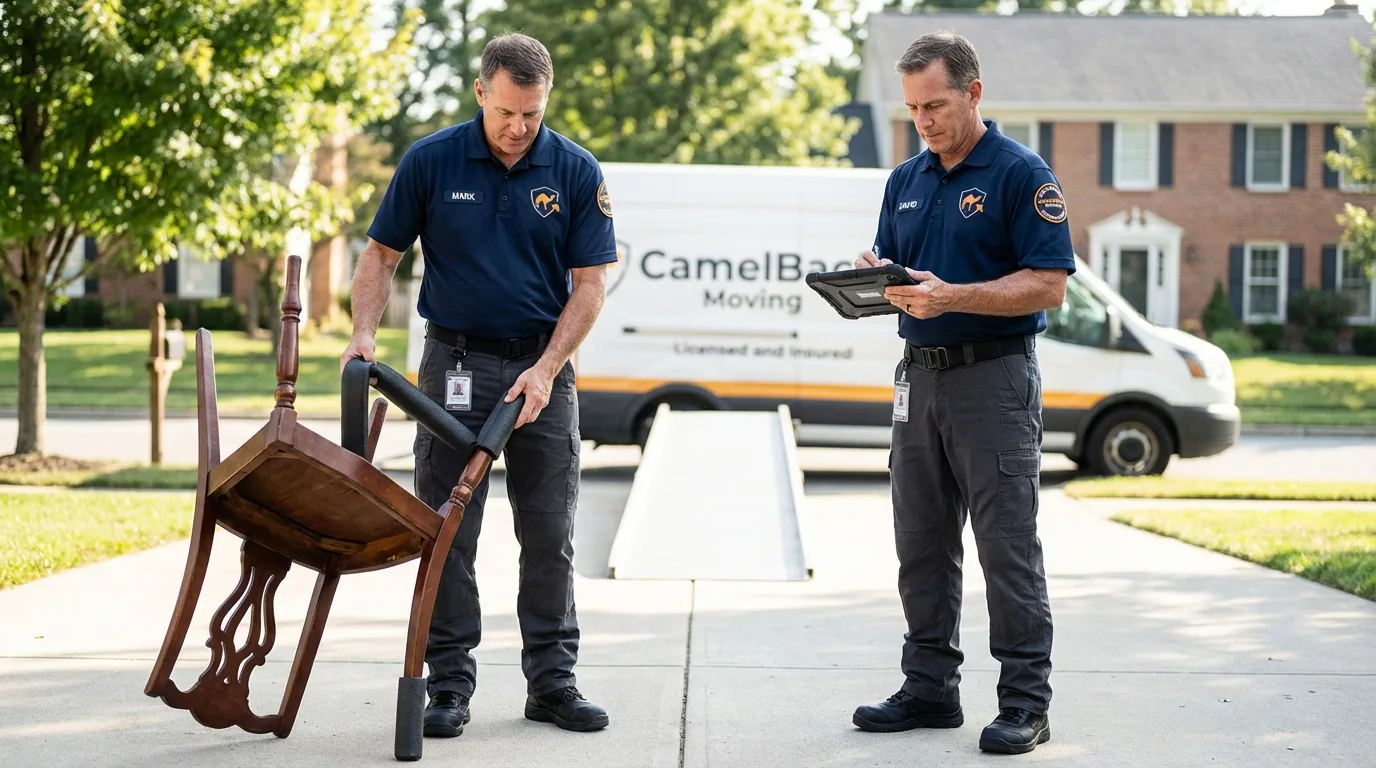 Movers inspecting furniture for damage prevention before loading in Manti, UT
